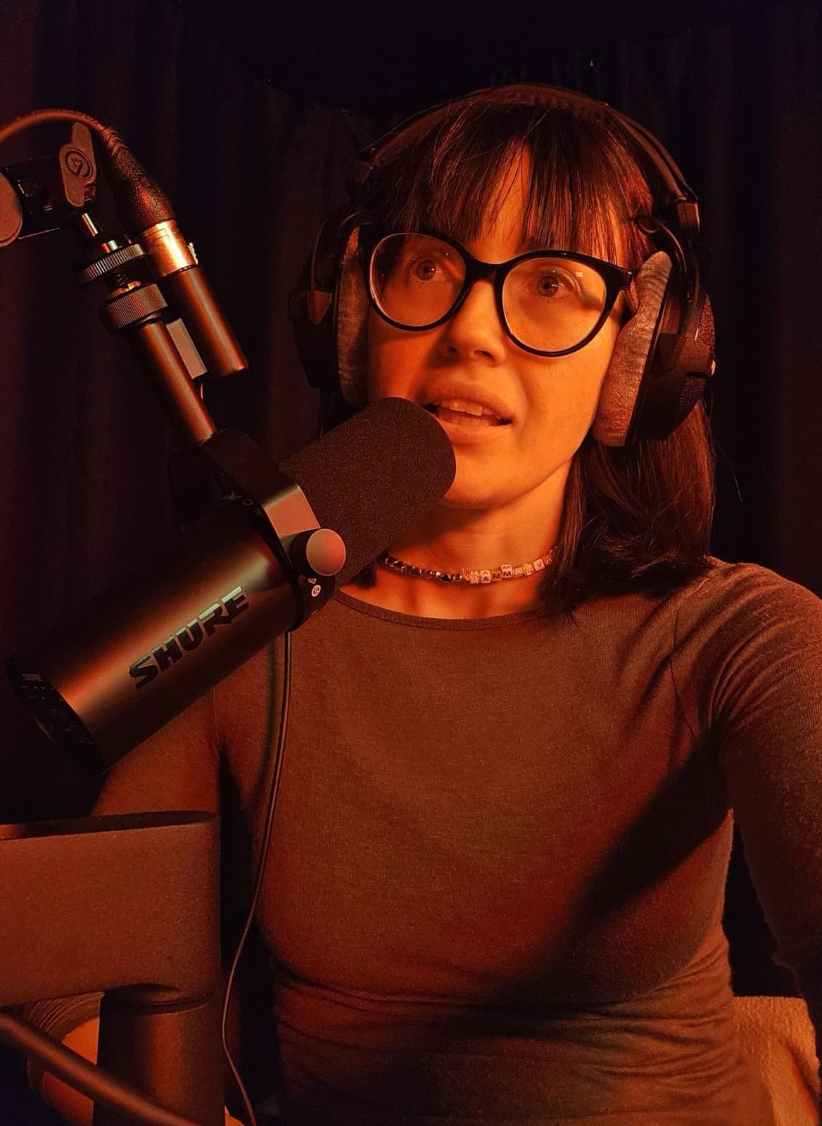 Eva recording the podcast