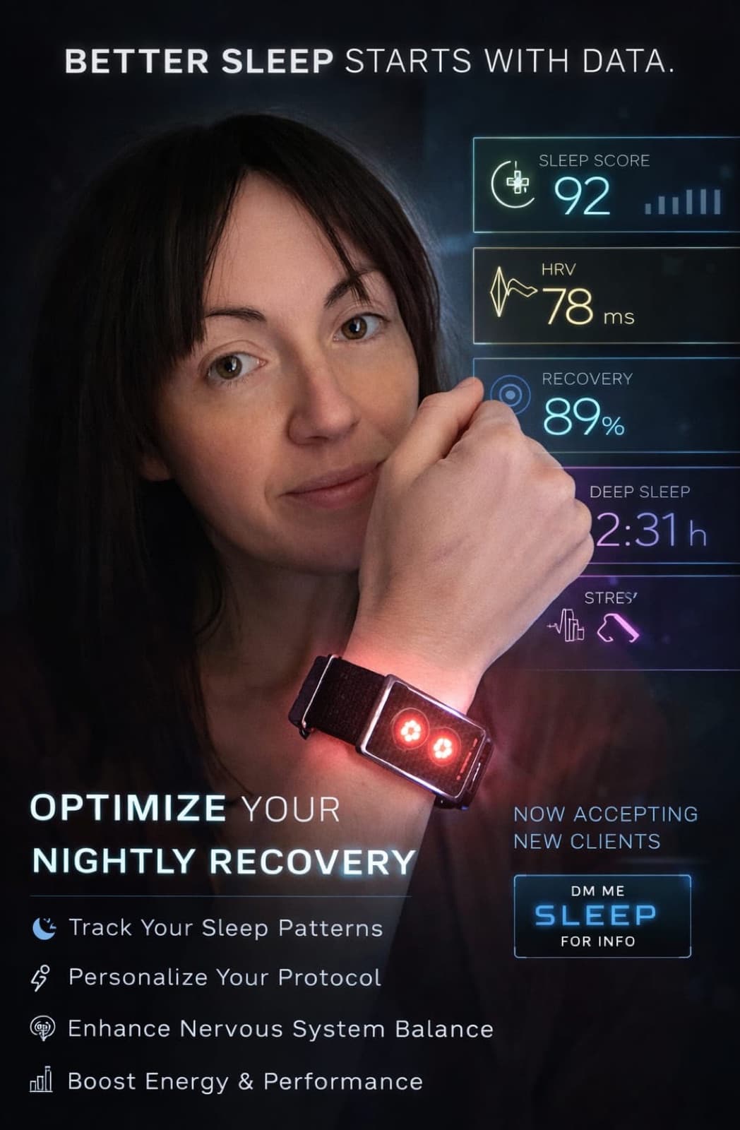Eva wearing a sleep tracker, with nightly recovery data